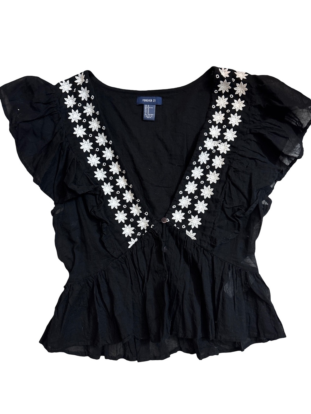 Forever 21 Black V-Neck Flutter Sleeve Top with White Floral Trim